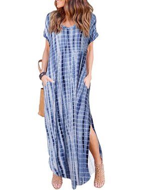 Women's Blue Summer Maxi Long Dress Casual Loose Short Sleeve Split Pockets